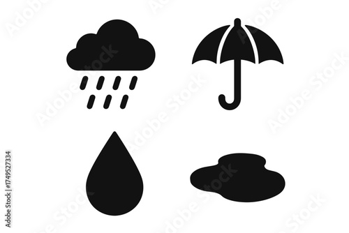 Weather symbols: rain cloud, umbrella, raindrop, puddle icons