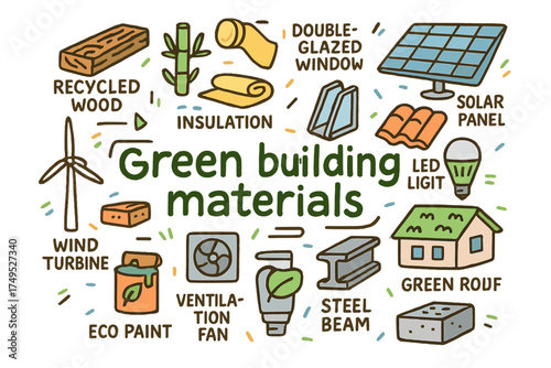 Doodle Green Building Materials. Green building materials. Hand-drawn doodle illustration of Green building