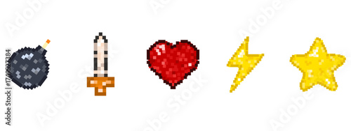 Pixel game element set. Vector illustration Pixel ligthning red heart gold star soldier sword and bomb isolated transparent. Set of Pixel Art element for retro 8-bit video game. EPS 10
