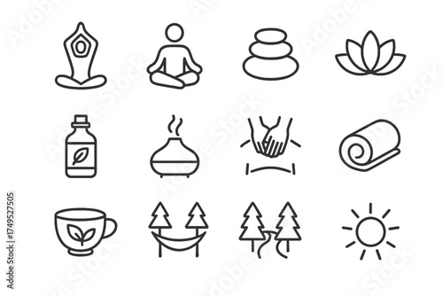 Wellness Icons Grid. Wellness retreats. Line outline icon set of Wellness retreats: yoga pose, meditation icon