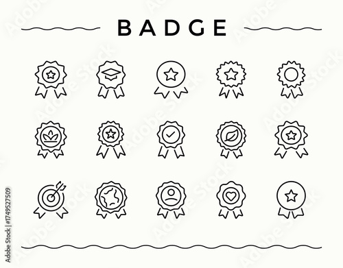 Badge linear icon collection. Vector icons collection. Contain linear symbols win, winner, certificate, achievement, medal, cup and more. Editable vector. Pixel perfect.