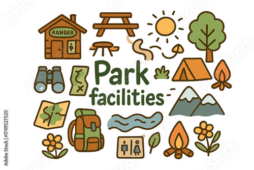 Park Facilities Doodle. Park facilities. Hand-drawn doodle illustration of Park facilities. ranger station,