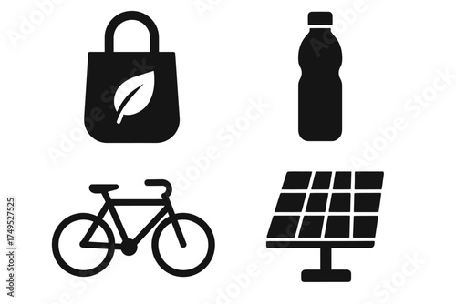 Eco-friendly icons: reusable bag, water bottle, bicycle, solar panel