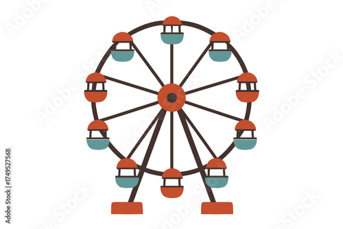 Colorful ferris wheel with orange and blue gondolas against white background