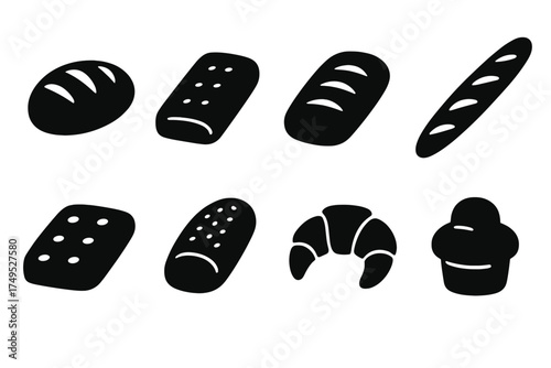 Artisan Bread Icons. Artisan Bread. Filled icon set of Artisan Bread: sourdough, ciabatta, rye loaf, baguette,