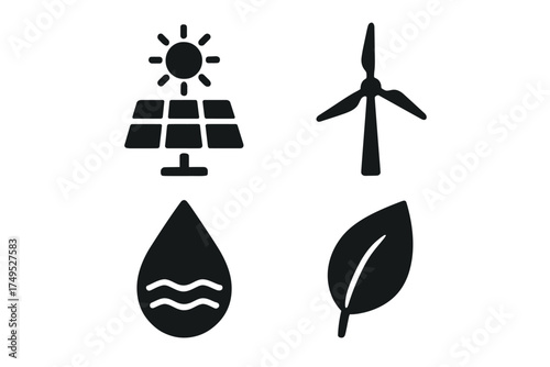 Renewable energy icons: solar, wind, water, and leaf symbols for sustainable solutions