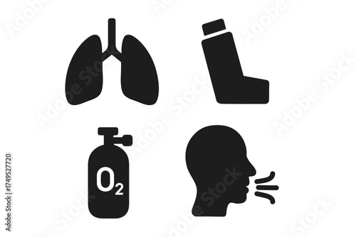 Lung health icons: inhaler, oxygen tank, breathing silhouette, respiratory symbols