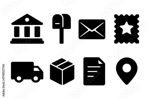 Postal Icon Set. Postal Services. Filled icon set of Postal Services: post office building, mailbox, envelope,