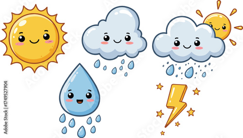 Vector illustration of cartoon weather icons including sun, clouds, rain, lightning, and water droplets for climate, forecast, and educational design