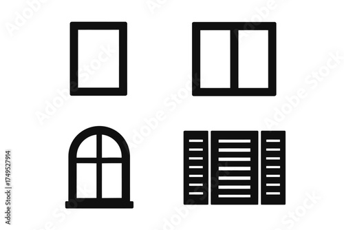Set of black window icons: arched, sliding, and louvered designs