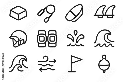Beach Tournament Icons. Surfing or beach volleyball tournament celebrations. Line outline icon set of Surfing