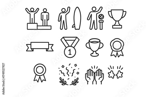 Celebration Icon Set. Surfing or beach volleyball tournament celebrations. Line outline icon set of Surfing or