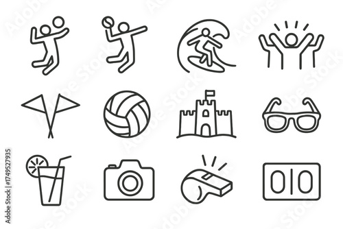 Beach Sports Icon Set. Surfing or beach volleyball tournament celebrations. Line outline icon set of Surfing