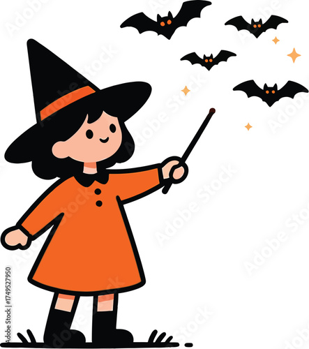 Cute Cartoon Witch Girl with Magic Wand Conjuring Bats for Halloween Spooky Fun