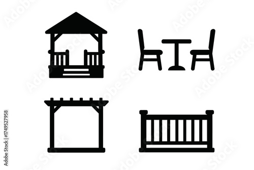 Simple black silhouettes: gazebo, patio furniture, pergola, and fence icons