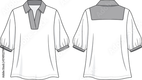Women blouse fashion flat sketch, puff sleeve top illustration, V‑neckline garment drawing, contrasting collar design, casual apparel template, clothing vector, fashion design