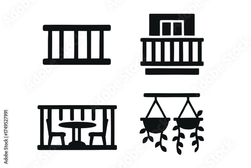 Set of four balcony icons featuring railings and plants