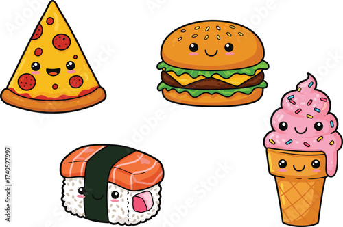 Vector illustration of cute cartoon food items including pizza, burger, sushi, and ice cream with smiling faces for playful design themes