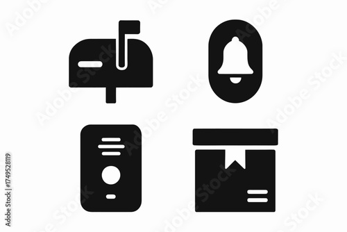 Mail icons: mailbox, bell, intercom, package - black and white symbols