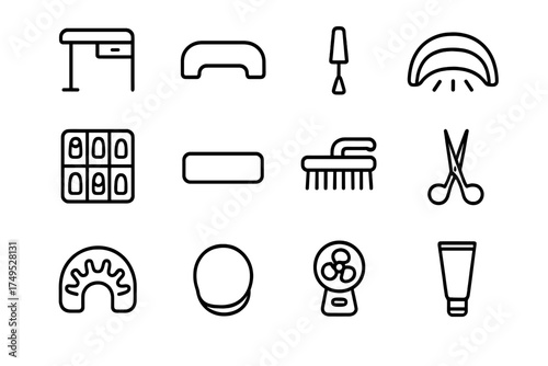 Nail Care Icons. Nail care and hand cleanliness. Line outline icon set of Nail care and hand cleanliness: