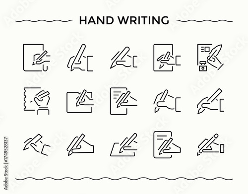 Hand Writing vector line icon set. Writing icon set. Modern vector illustration. Pack of write, hand, writer, writing, pen and more. Editable stroke vector art.