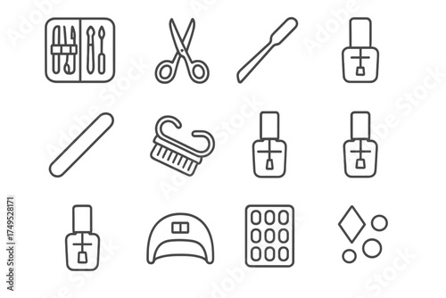 Nail Care Icons. Nail care and hand cleanliness. Line outline icon set of Nail care and hand cleanliness: