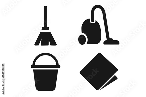 Cleaning icons: broom, vacuum, bucket, and cloth for household chores
