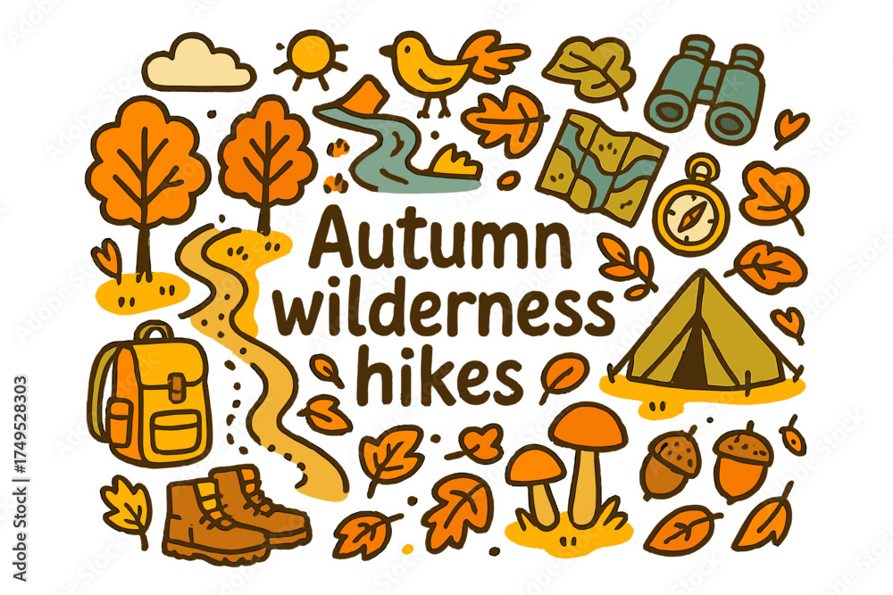 Naklejka premium Autumn Hiking Adventure. Autumn wilderness hikes. Hand-drawn doodle illustration of Autumn wilderness hikes.