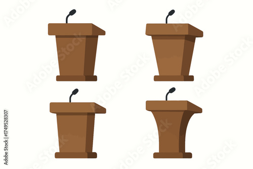 Set of four wooden podiums with microphones for public speaking events