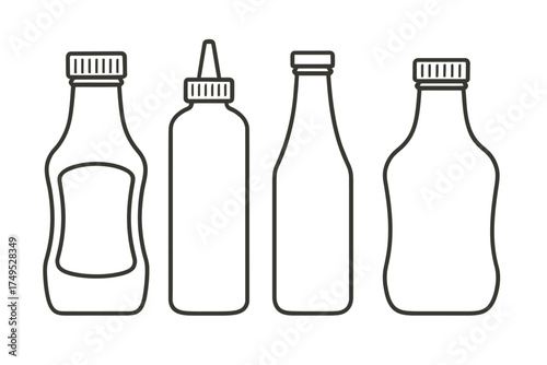 Outline illustration of condiment bottles with varied shapes on white background