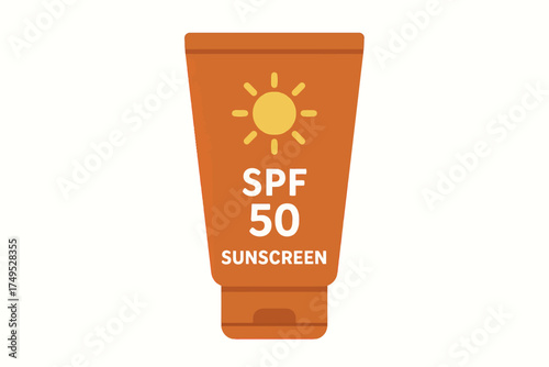 Illustration of spf 50 sunscreen tube with sun icon on orange background