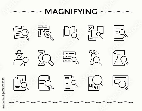 Magnifying vector line icon set. Research minimal linear icons. Perfect for logos and infographic. Search icon pack. Signs for web and mobile app.