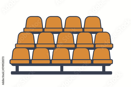 Empty tiered stadium seating with orange chairs on metal frame