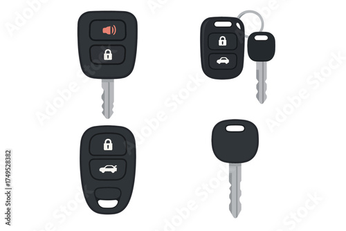 Set of car keys and remote fobs with lock and alarm buttons on white background