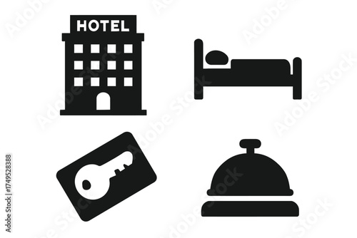 Hotel accommodations icons: building, bed, key card, bell symbol set