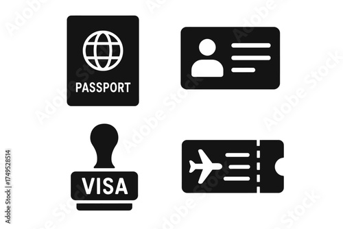Travel essentials icons: passport, id, visa stamp, flight ticket in black and white