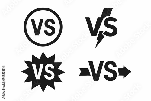 Four distinct vs symbols: circle, lightning bolt, starburst, arrow designs