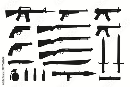 Silhouettes of various guns knives swords and explosives on white background