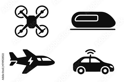 Silhouette icons of drone, train, electric plane, and autonomous car
