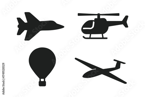Silhouettes of aircraft: jet, helicopter, hot air balloon, glider collection