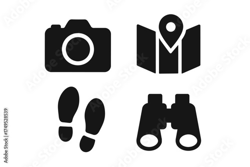Exploration icons: camera, map, footprints, and binoculars silhouettes