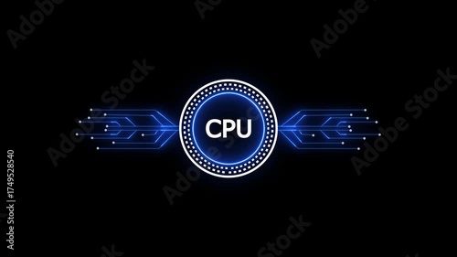 Glowing neon line HUD circle with cpu circuit board and electronic details on dark backdrop with dotted halftone effect.Futuristic Circuit Board. Circuit Footage.
