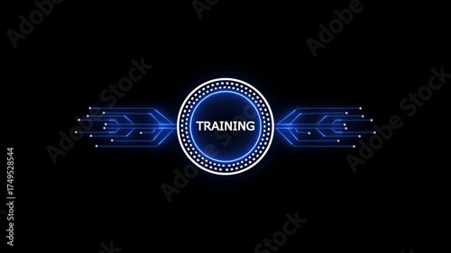 Glowing neon line HUD circle with training circuit board and electronic details on dark backdrop with dotted halftone effect.Futuristic Circuit Board. Circuit Footage.