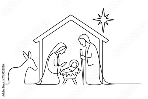 Nativity scene line drawing: holy family with star and donkey