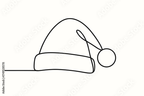 Minimalist continuous line drawing of santa hat with pom-pom