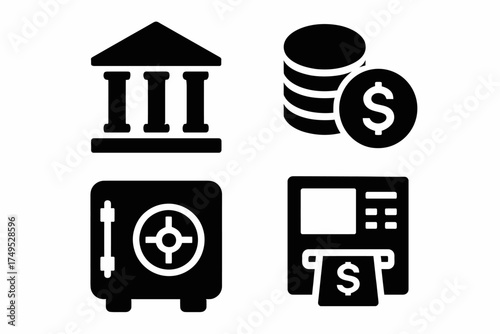 Financial icons set featuring bank, coins, safe, and atm symbols