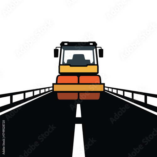 Orange and yellow steamroller on black asphalt road with white lines construction vehicle