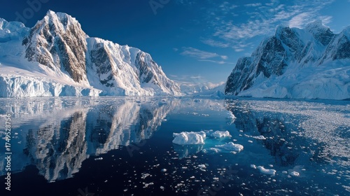 A serene Antarctic landscape showcases towering ice-capped mountains reflected in a placid glacial bay.