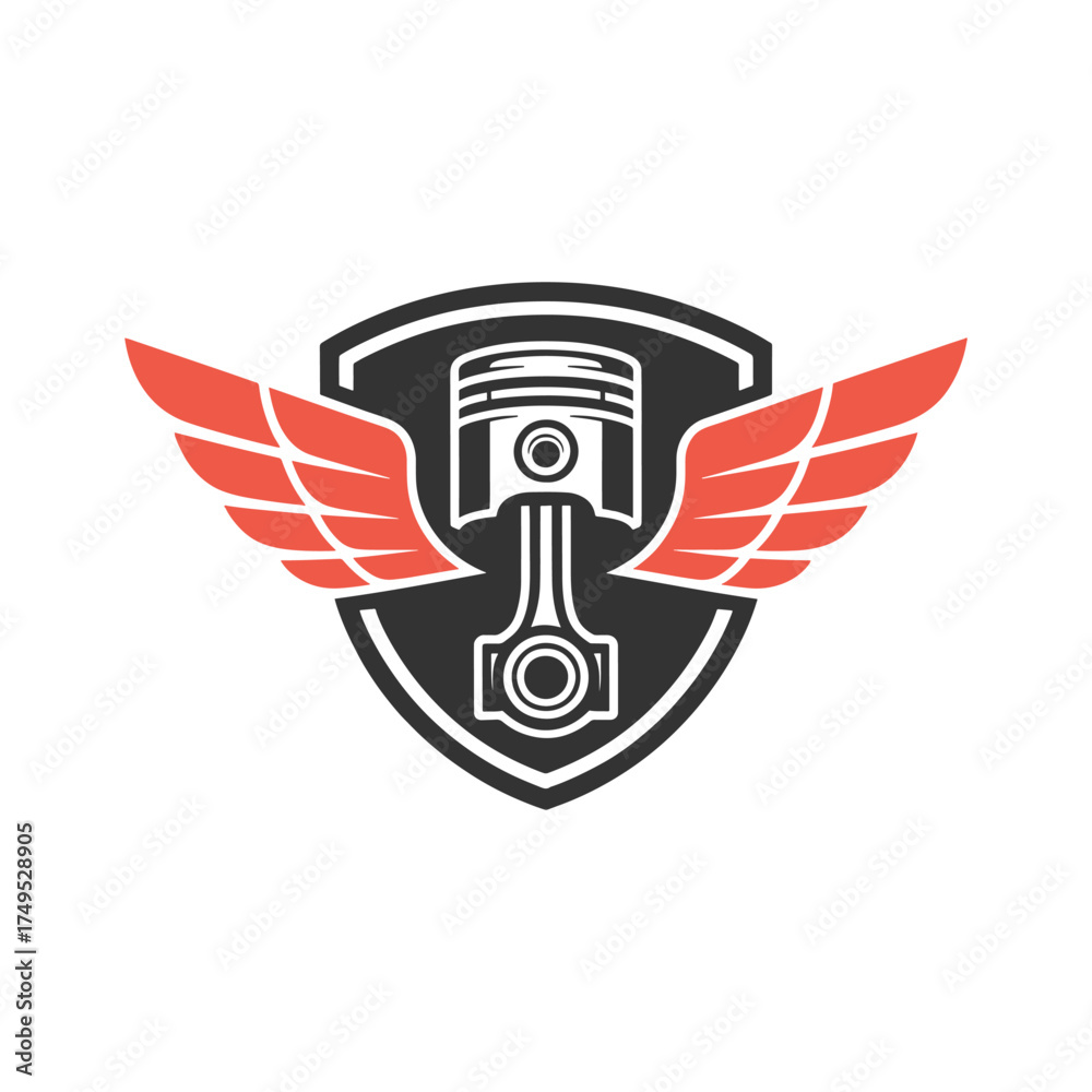 Obraz premium Red Winged Piston Emblem on Black Shield engine motor