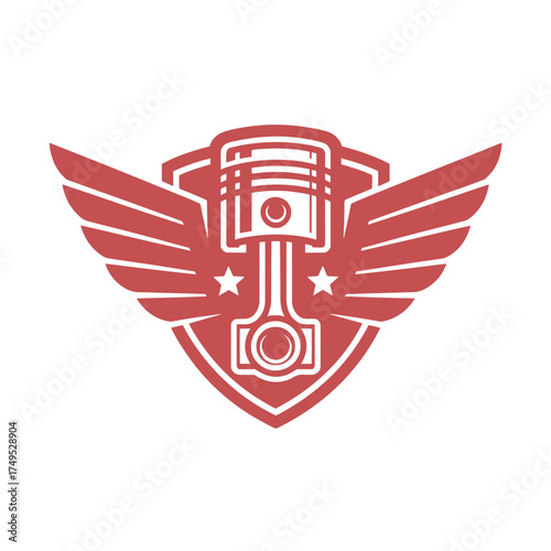 Red piston with wings emblem on white background engine motor